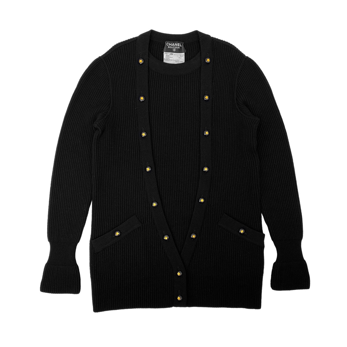 Luxury Promise Japan CHANEL VINTAGE KNIT TOPS SKIRT SET CLOVER BUTTON BLACK WOOL 38  RTW 90283151