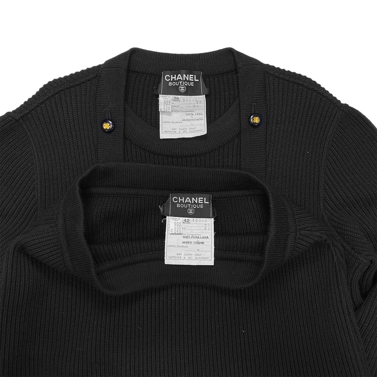Luxury Promise Japan CHANEL VINTAGE KNIT TOPS SKIRT SET CLOVER BUTTON BLACK WOOL 38  RTW 90283151