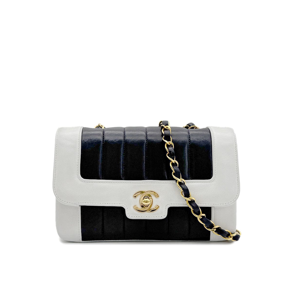 Luxury Promise Japan CHANEL VINTAGE MADEMOISELLE BICOLOR MINI CHAIN SHOULDER BAG NAVY WHITE LAMB SKIN 90294202