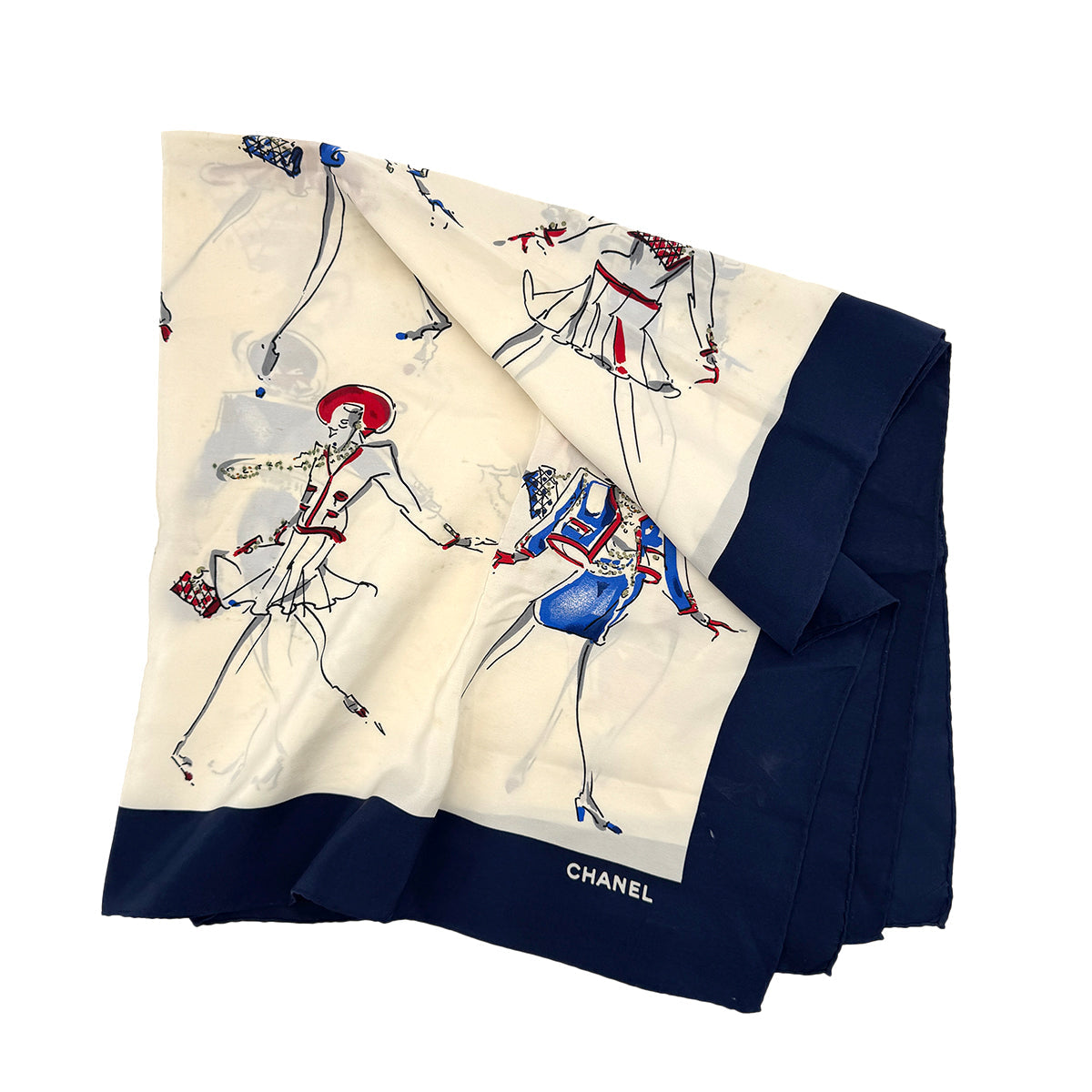 Luxury Promise Japan CHANEL VINTAGE MADEMOISELLE SCARF BEIGE NAVY SILK 90292790