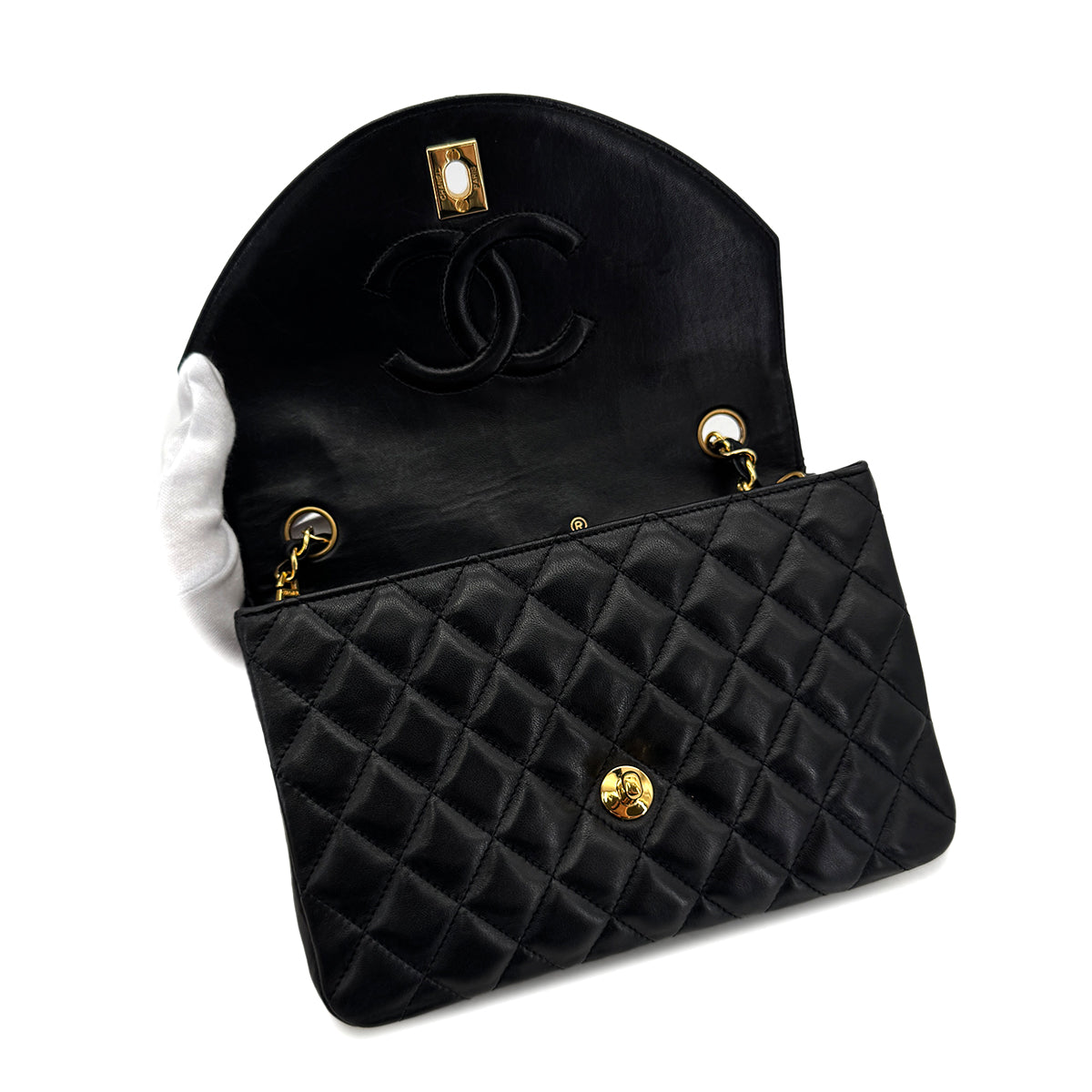 Luxury Promise Japan CHANEL VINTAGE MATELASSE HALF MOON CHAIN SHOULDER BAG BLACK LAMB SKIN 90287223