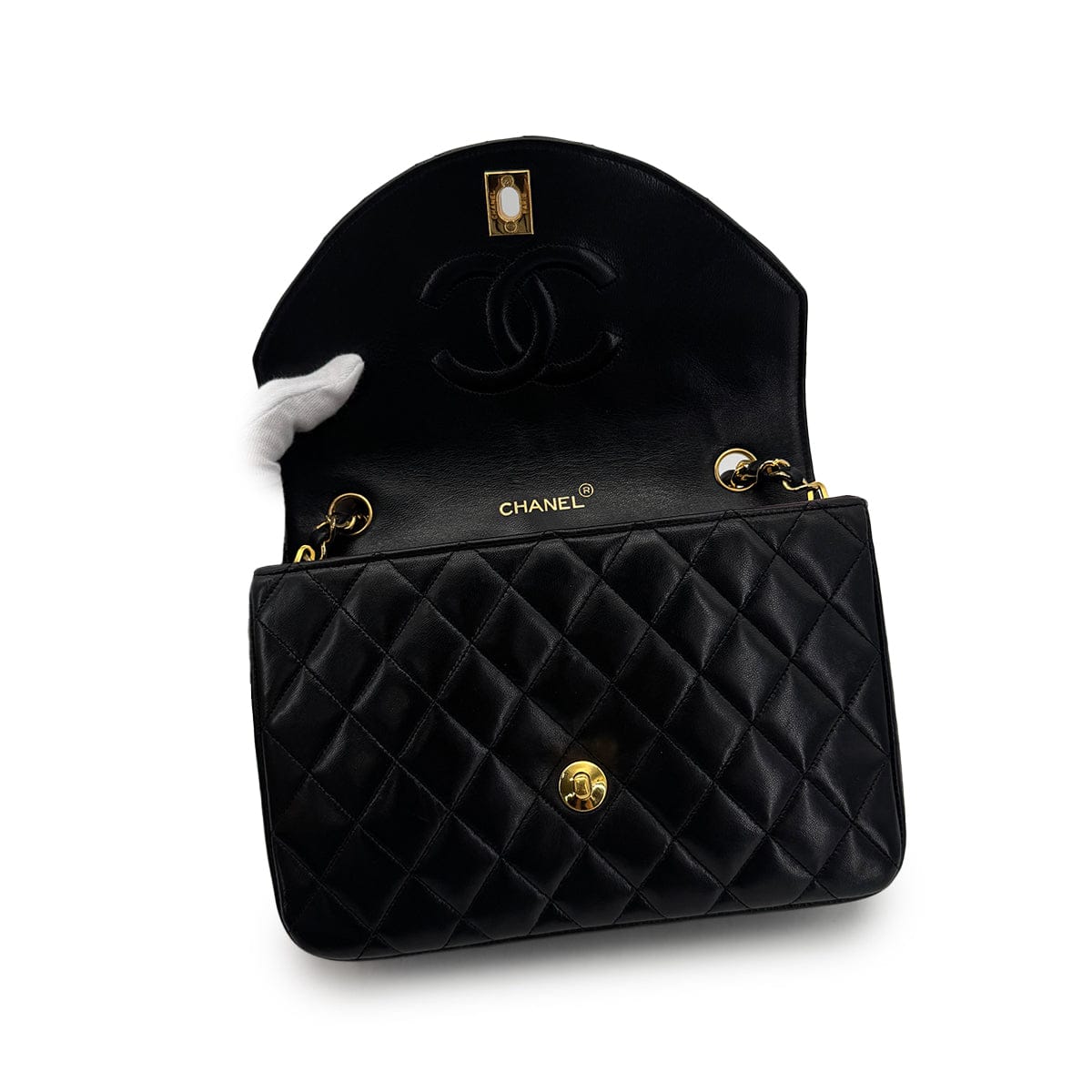 Luxury Promise Japan CHANEL VINTAGE MATELASSE HALF MOON CHAIN SHOULDER BAG BLACK LAMB SKIN 90300011