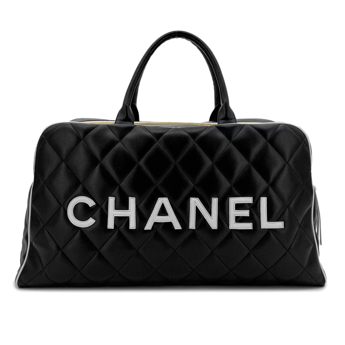 Luxury Promise Japan CHANEL VINTAGE MATELASSE LOGO BOSTON HAND BAG BLACK WHITE LAMB SKIN 90269599