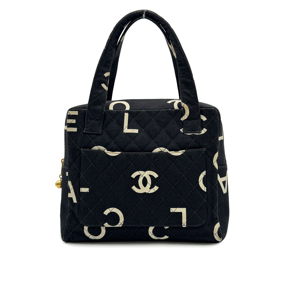 Luxury Promise Japan CHANEL VINTAGE MATELASSE LOGO HAND BAG BLACK WHITE CANVAS 90303315