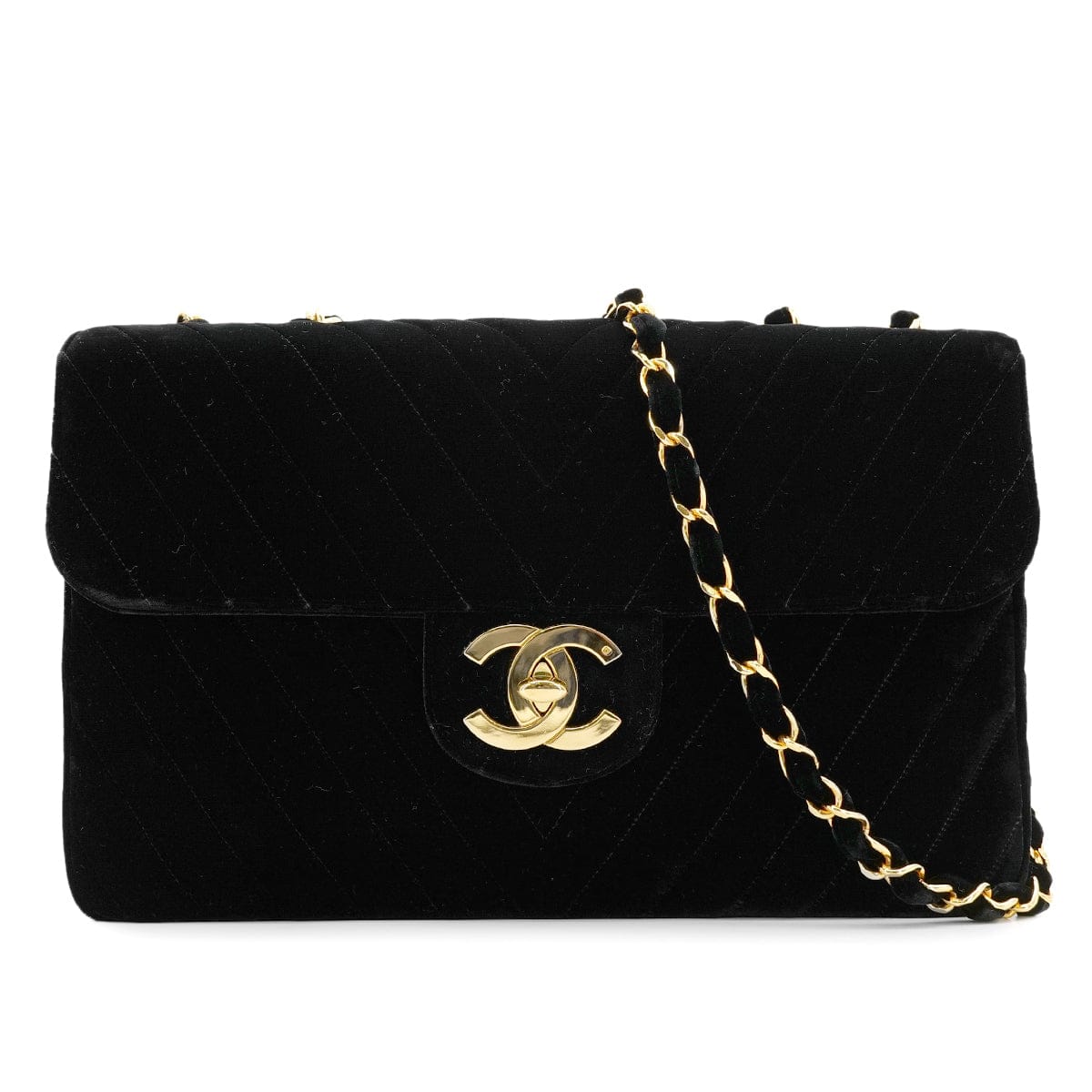 Luxury Promise Japan CHANEL VINTAGE MAXI CHEVRON CHAIN SHOULDER BAG BLACK VELOR 90301702