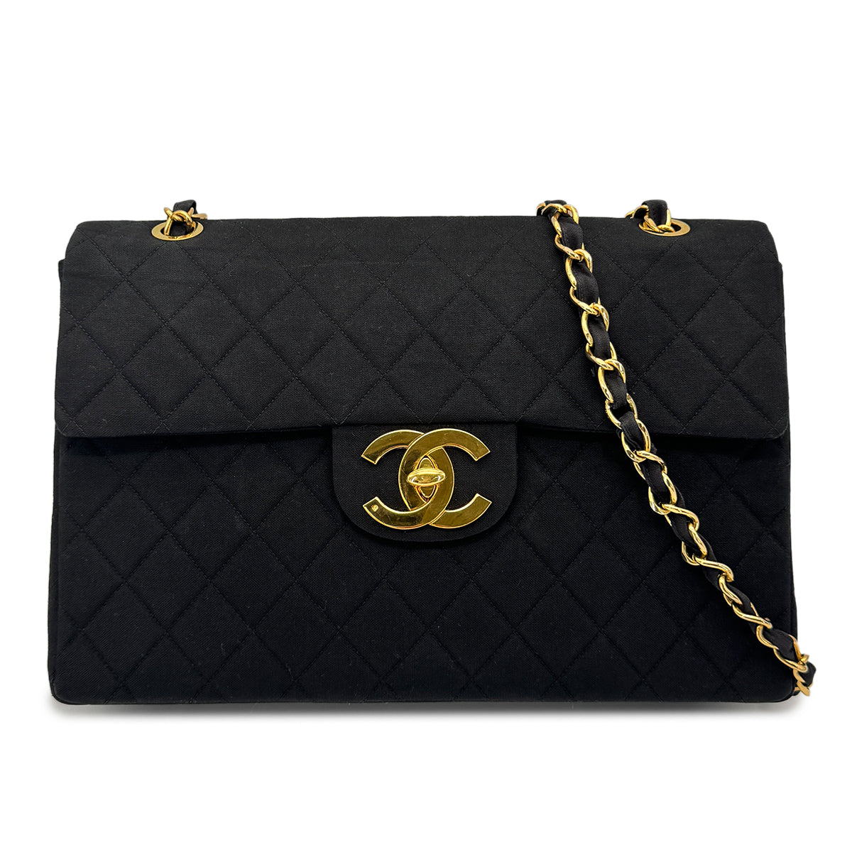 Luxury Promise Japan CHANEL VINTAGE MAXI MATELASSE 34 CHAIN SHOULDER BAG BLACK COTTON 90275022