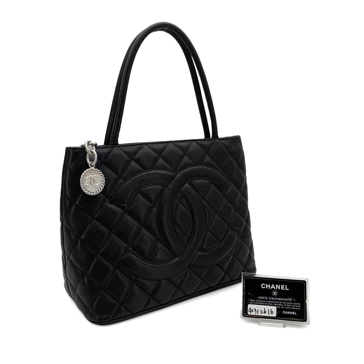 Luxury Promise Japan CHANEL VINTAGE MEDALLION TOTE BAG BLACK CAVIAR SKIN SILVER HARDWARE 90312616