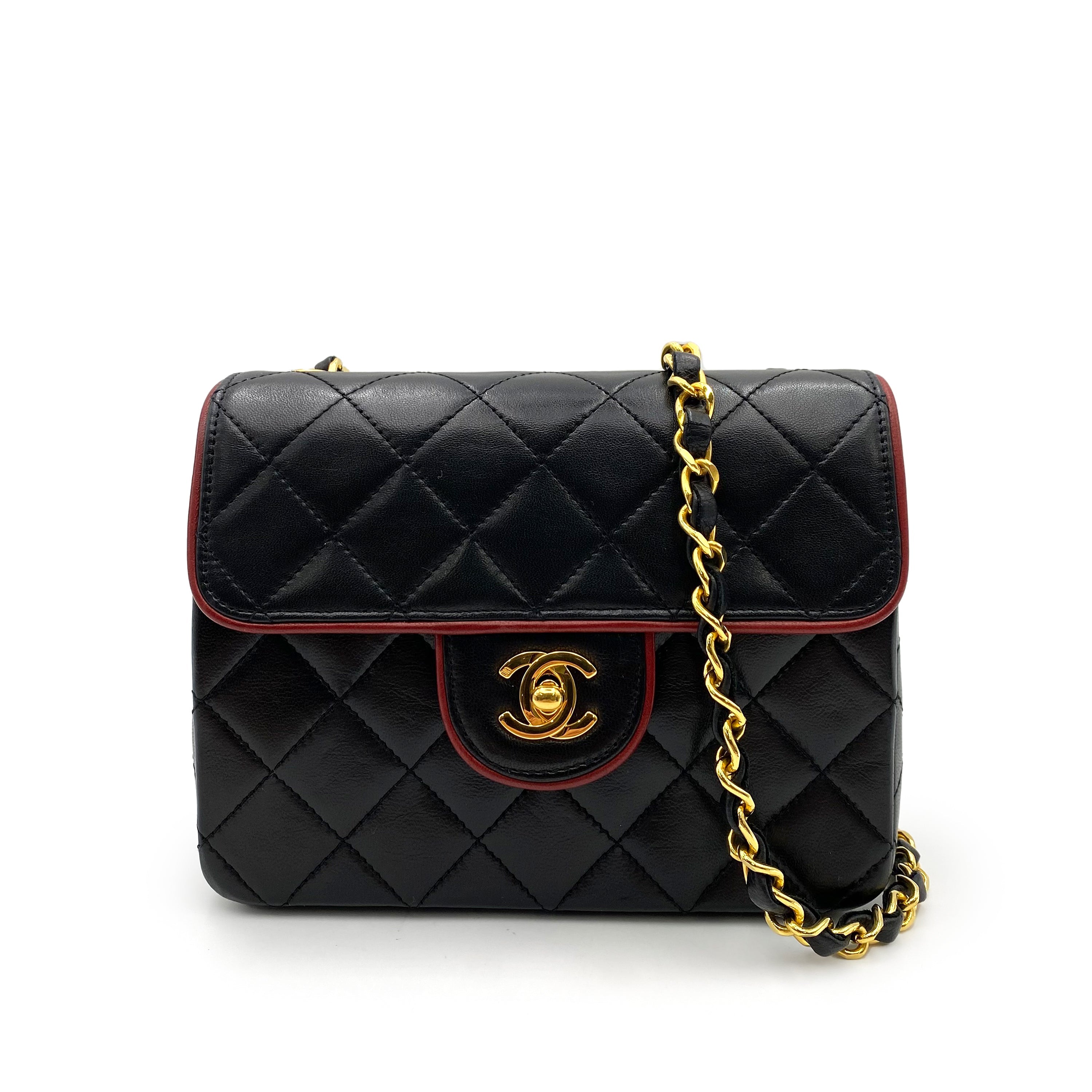 Luxury Promise Japan CHANEL VINTAGE MINI SQUARE 17 CHAIN SHOULDER BAG BYCOLOR BLACK RED LAMB SKIN  90235981