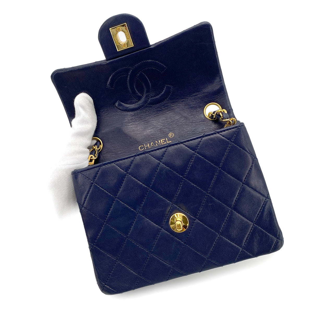 Luxury Promise Japan CHANEL VINTAGE MINI SQUARE 17 CHAIN SHOULDER BAG NAVY LAMB SKIN 90258506