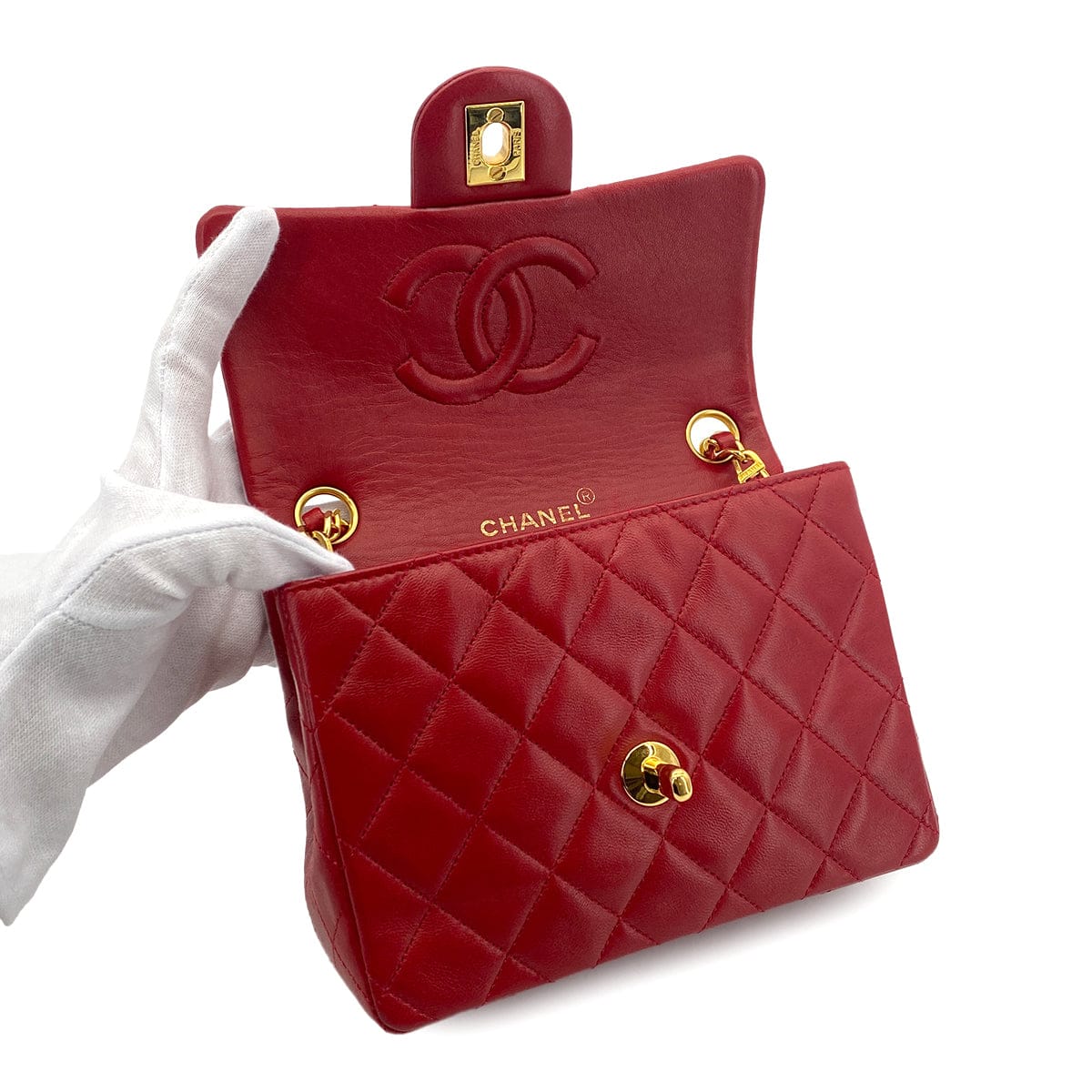 Luxury Promise Japan CHANEL VINTAGE MINI SQUARE 17 CHAIN SHOULDER BAG RED LAMB SKIN 90301726