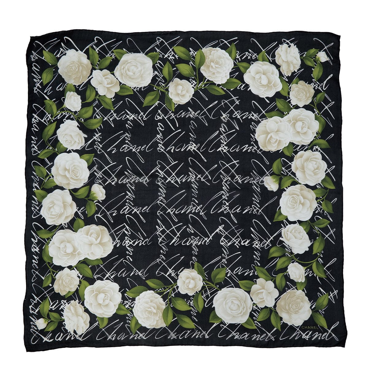 Luxury Promise Japan CHANEL VINTAGE SCARF CAMELLIA BLACK WHITE GREEN SILK 90314417