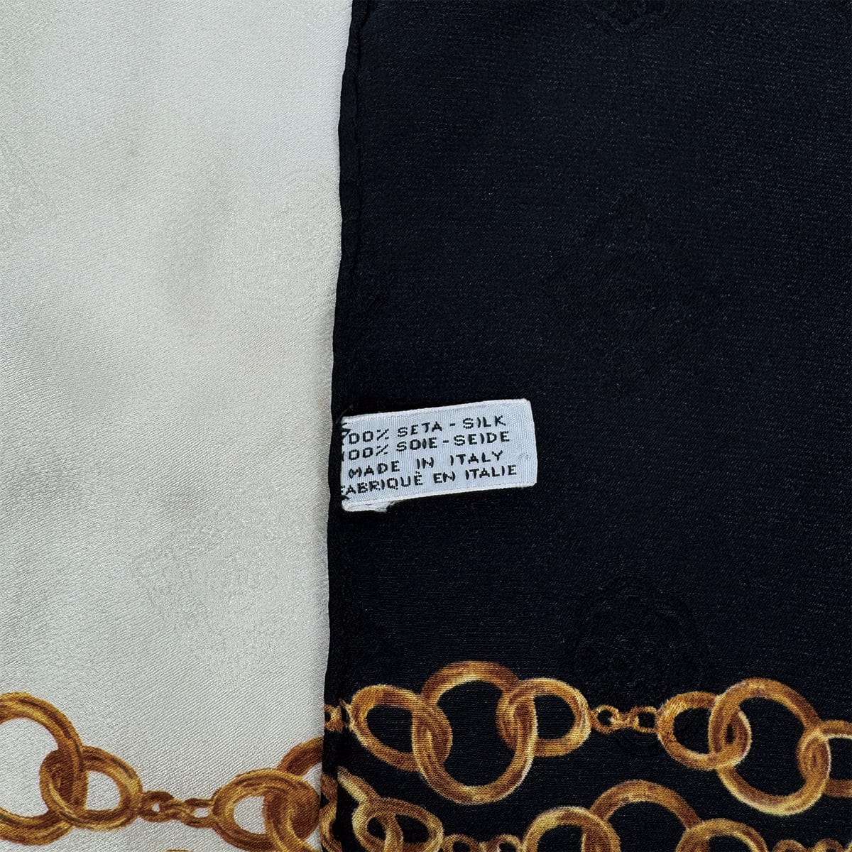 Luxury Promise Japan CHANEL VINTAGE SCARF COCOMARK CHAIN MOTIF BLACK BEIGE SILK 90314418