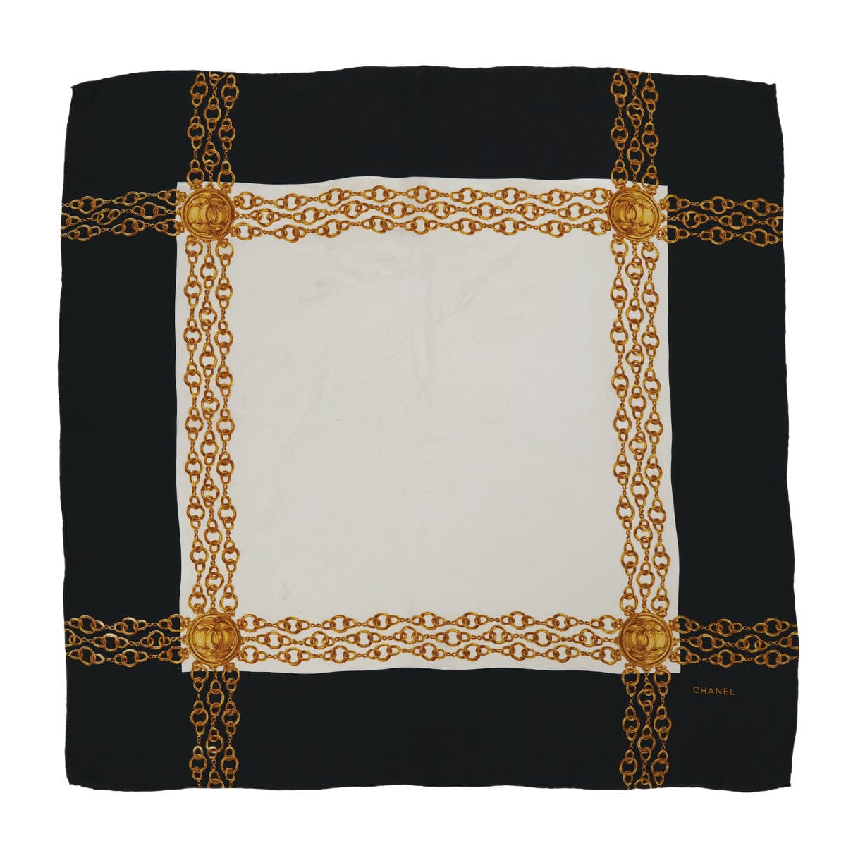Luxury Promise Japan CHANEL VINTAGE SCARF COCOMARK CHAIN MOTIF BLACK BEIGE SILK 90314418