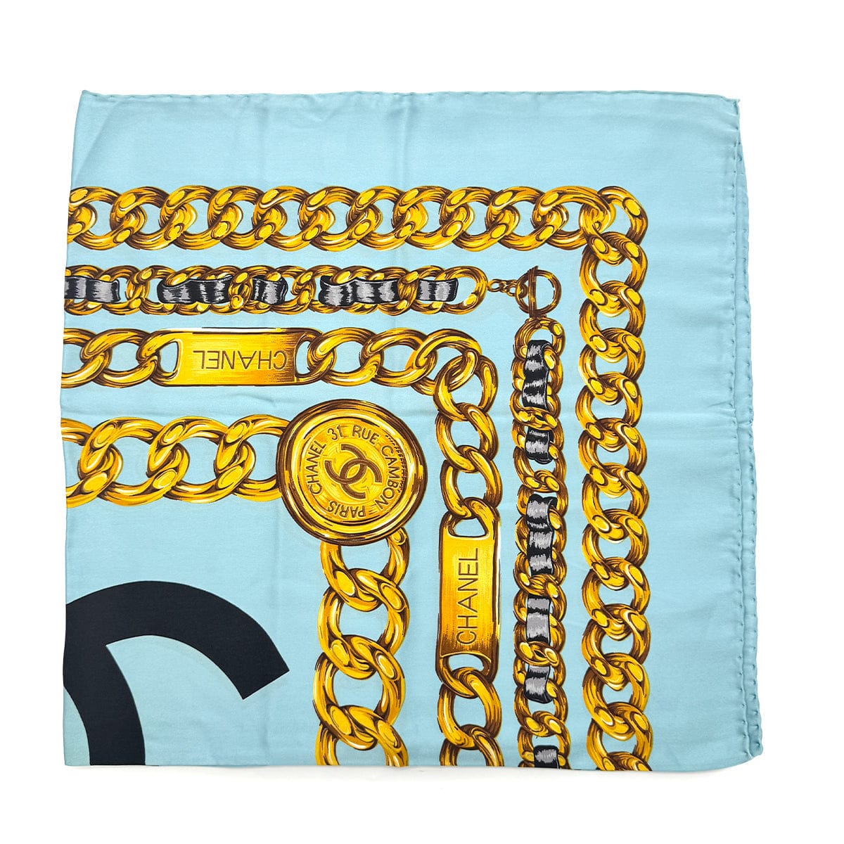 CHANEL VINTAGE SCARF COCOMARK CHAIN PATTERN LIGHT BLUE SILK