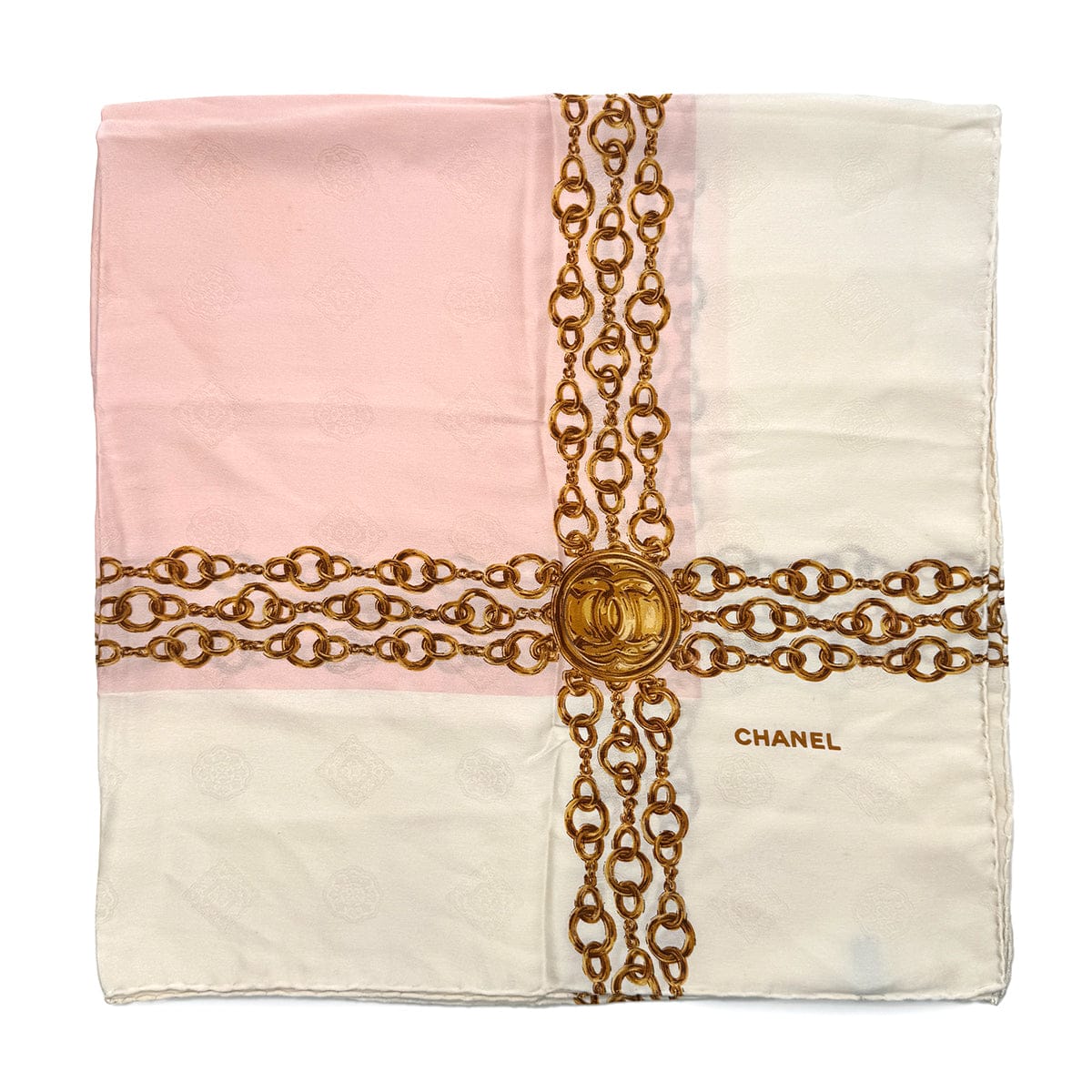 Luxury Promise Japan CHANEL VINTAGE SCARF COCOMARK CHAIN PATTERN WHITE PINK SILK 90278449