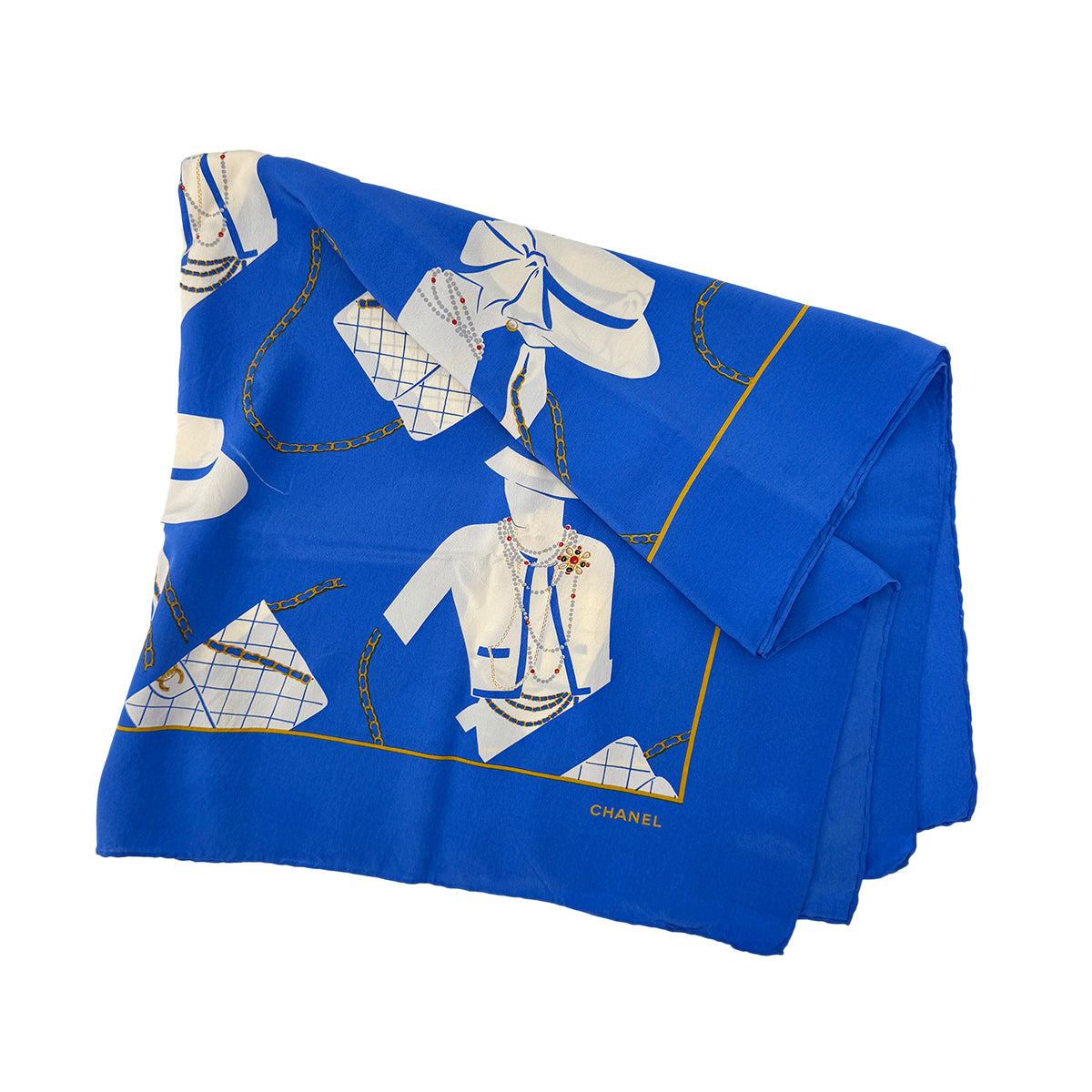 Luxury Promise Japan CHANEL VINTAGE SCARF MADEMOISELLE MATELASSE BLUE SILK 90295817