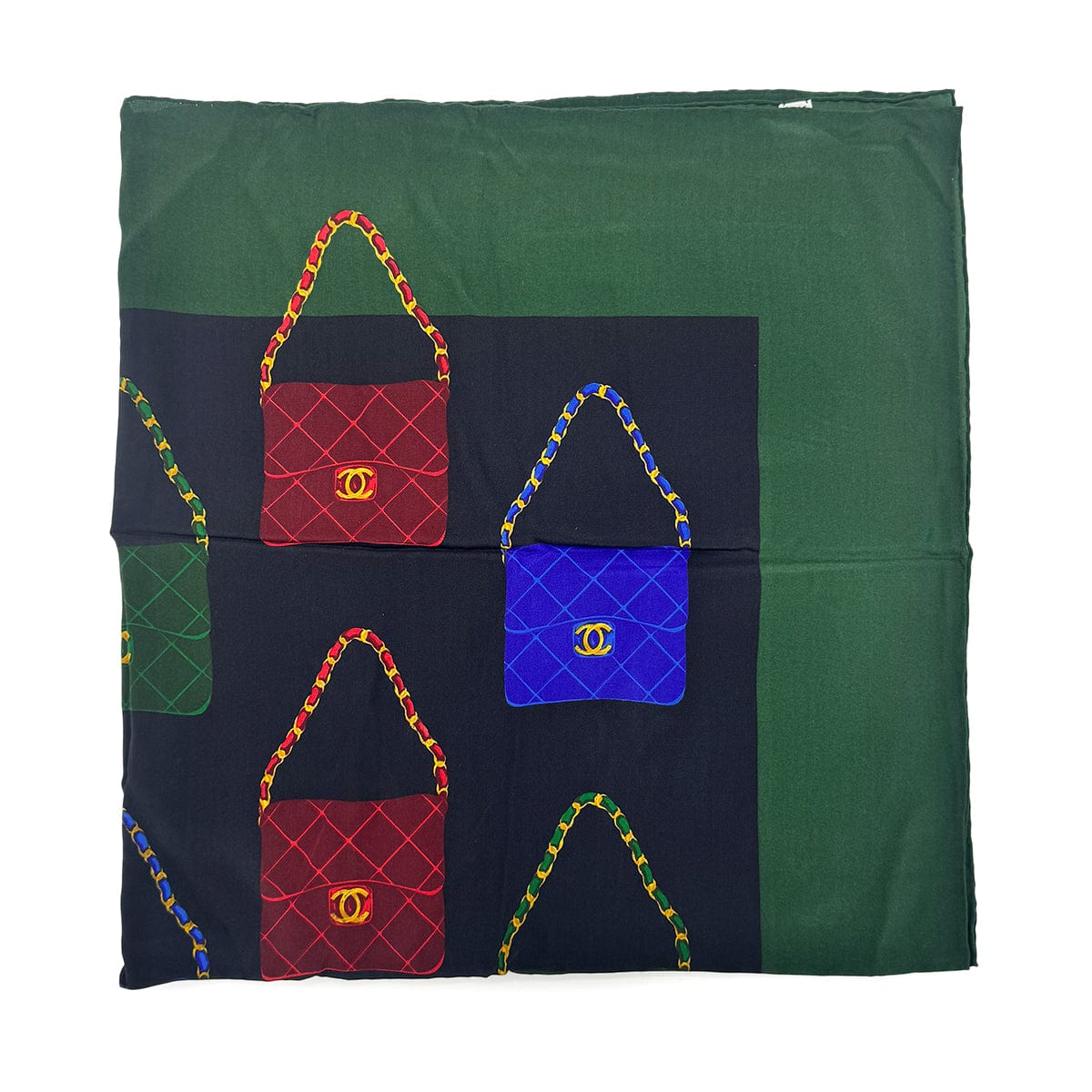 Luxury Promise Japan CHANEL VINTAGE SCARF MATELASSE MOTIF GREEN BLACK SILK 90278453