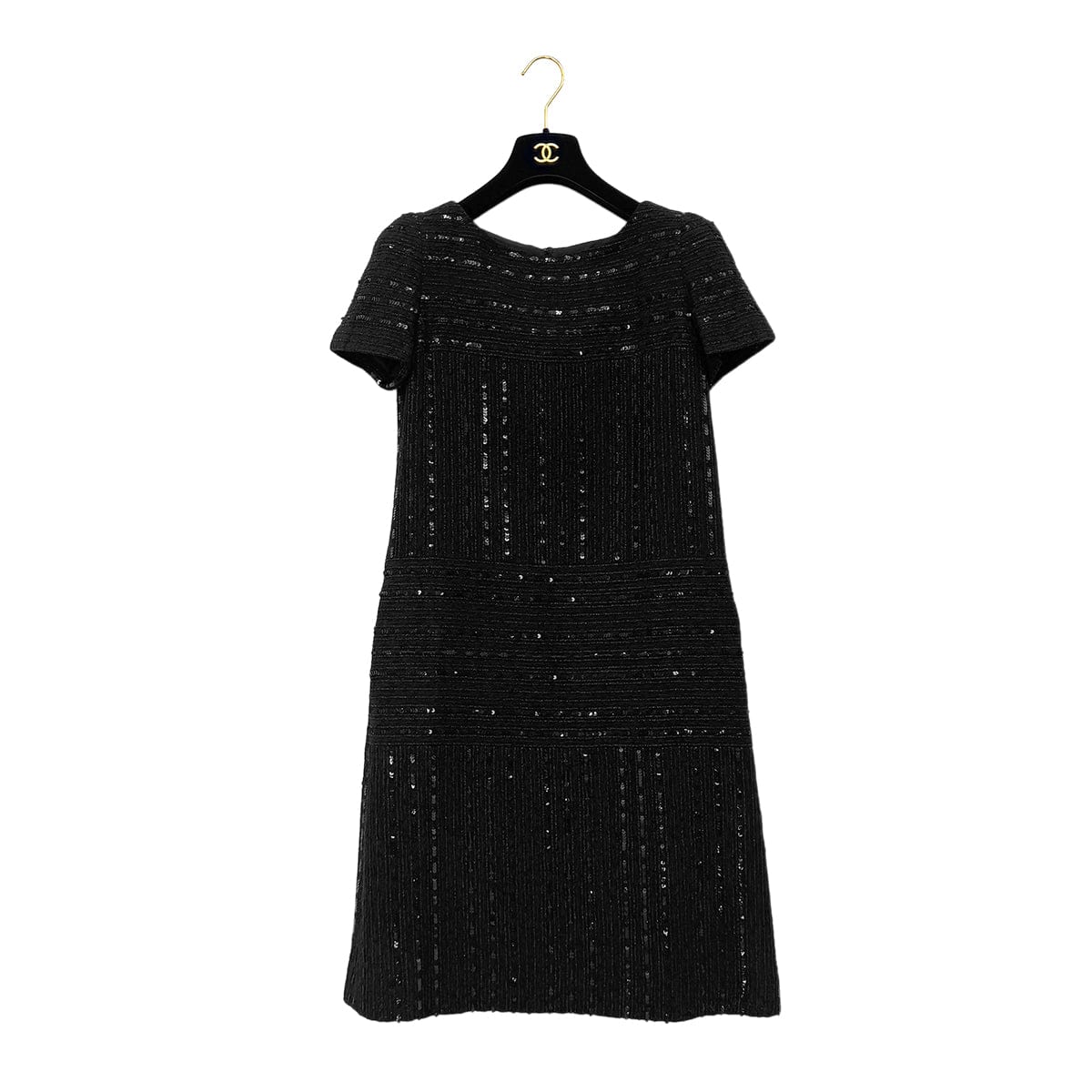 Luxury Promise Japan CHANEL VINTAGE SHORT SLEEVE DRESS SEQUINS BLACK NYLON 38 00C RTW 90291315