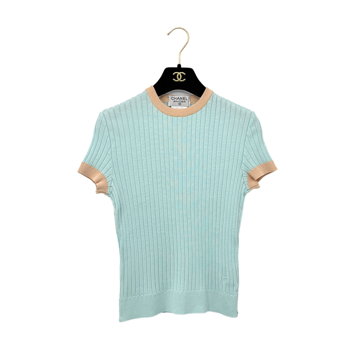 Luxury Promise Japan CHANEL VINTAGE SHORT SLEEVE KNIT TOPS LIGHT BLUE COTTON 40 97P RTW 90294170
