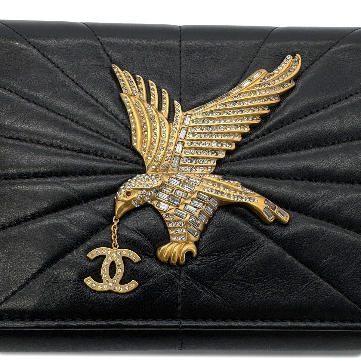 Luxury Promise Japan CHANEL VINTAGE STRASS IMPERIAL EAGLE CLUTCH CHAIN SHOULDER BAG COCOMARK RHINESTONE GOLD BLACK LAMB SKIN 90286870