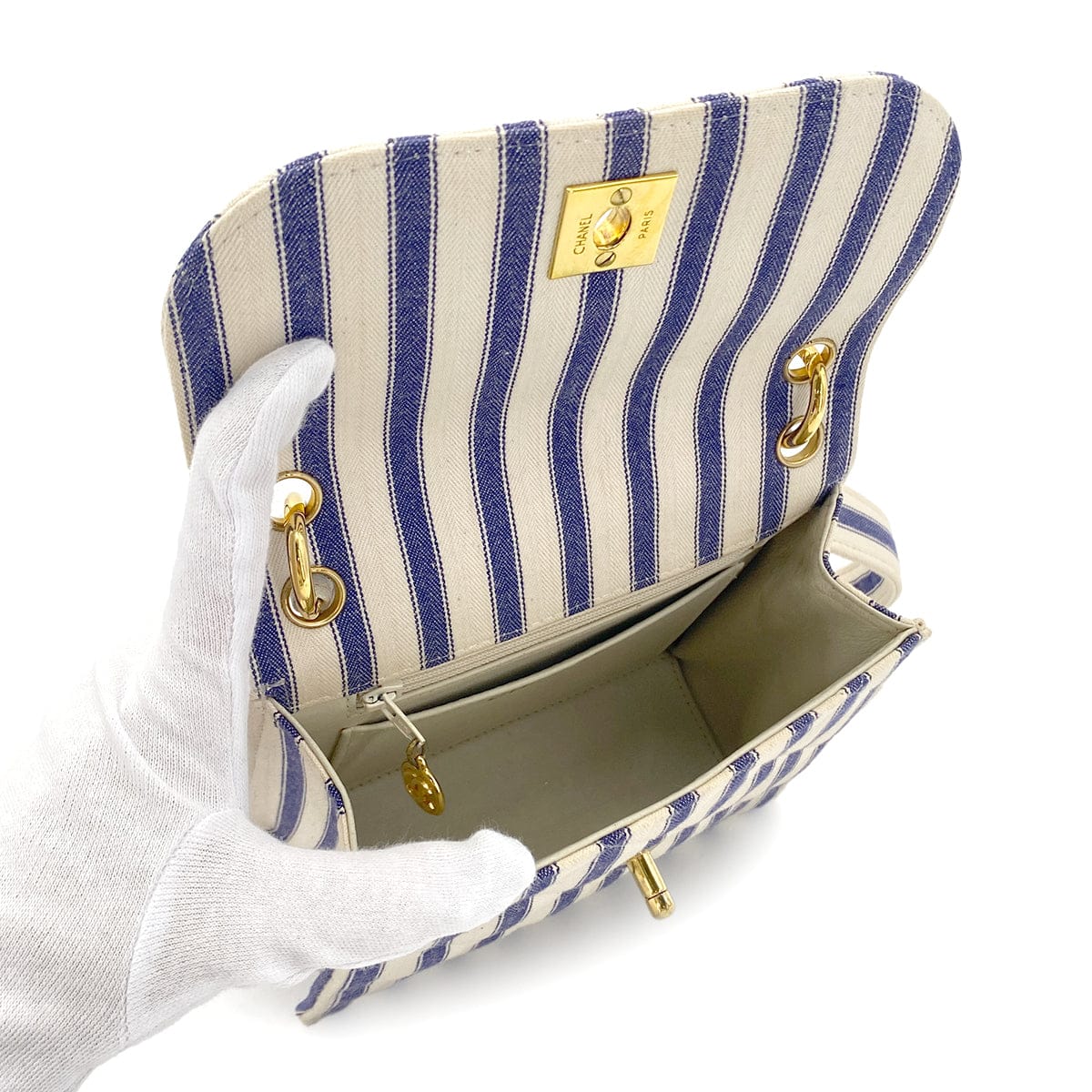 Luxury Promise Japan CHANEL VINTAGE STRIPED SHOULDER BAG BLUE WHITE CANVAS 90281422