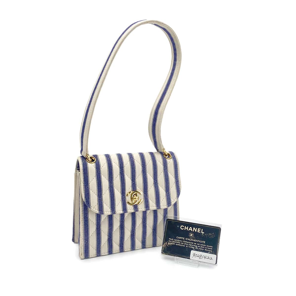 Luxury Promise Japan CHANEL VINTAGE STRIPED SHOULDER BAG BLUE WHITE CANVAS 90281422