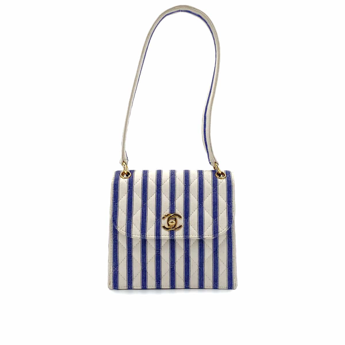 Luxury Promise Japan CHANEL VINTAGE STRIPED SHOULDER BAG BLUE WHITE CANVAS 90281422