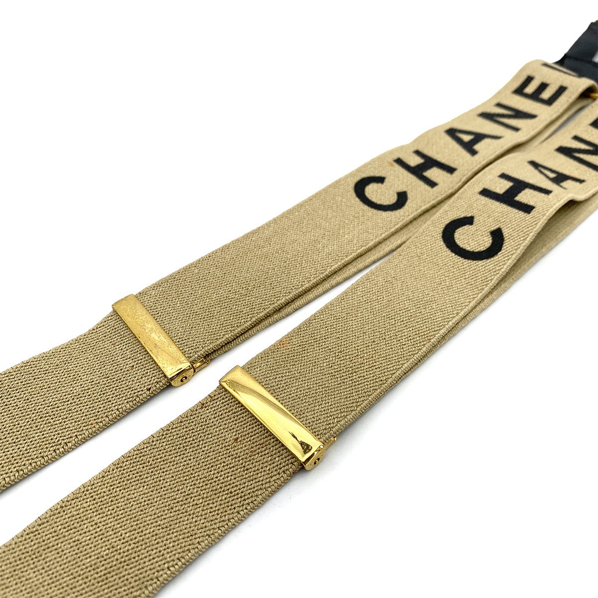 Luxury Promise Japan CHANEL VINTAGE SUSPENDER LOGO BEIGE BLACK CANVAS LEATHER 90256935