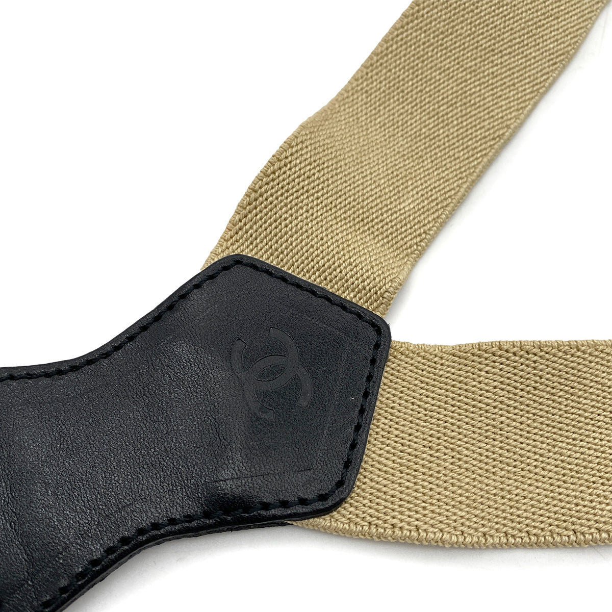 Luxury Promise Japan CHANEL VINTAGE SUSPENDER LOGO BEIGE BLACK CANVAS LEATHER 90256935