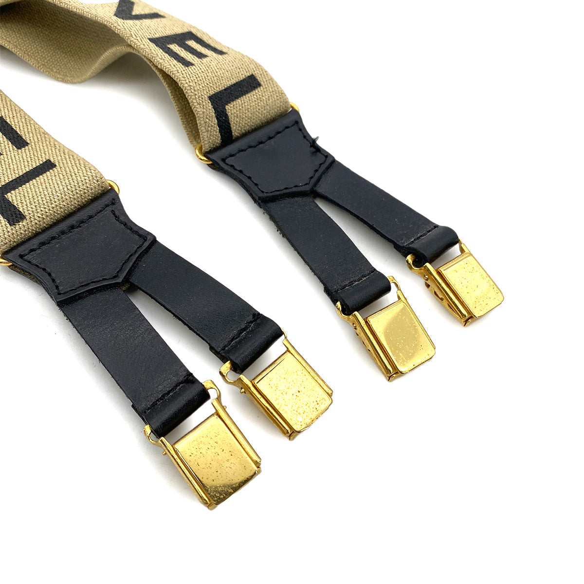 Luxury Promise Japan CHANEL VINTAGE SUSPENDER LOGO BEIGE BLACK CANVAS LEATHER 90256935