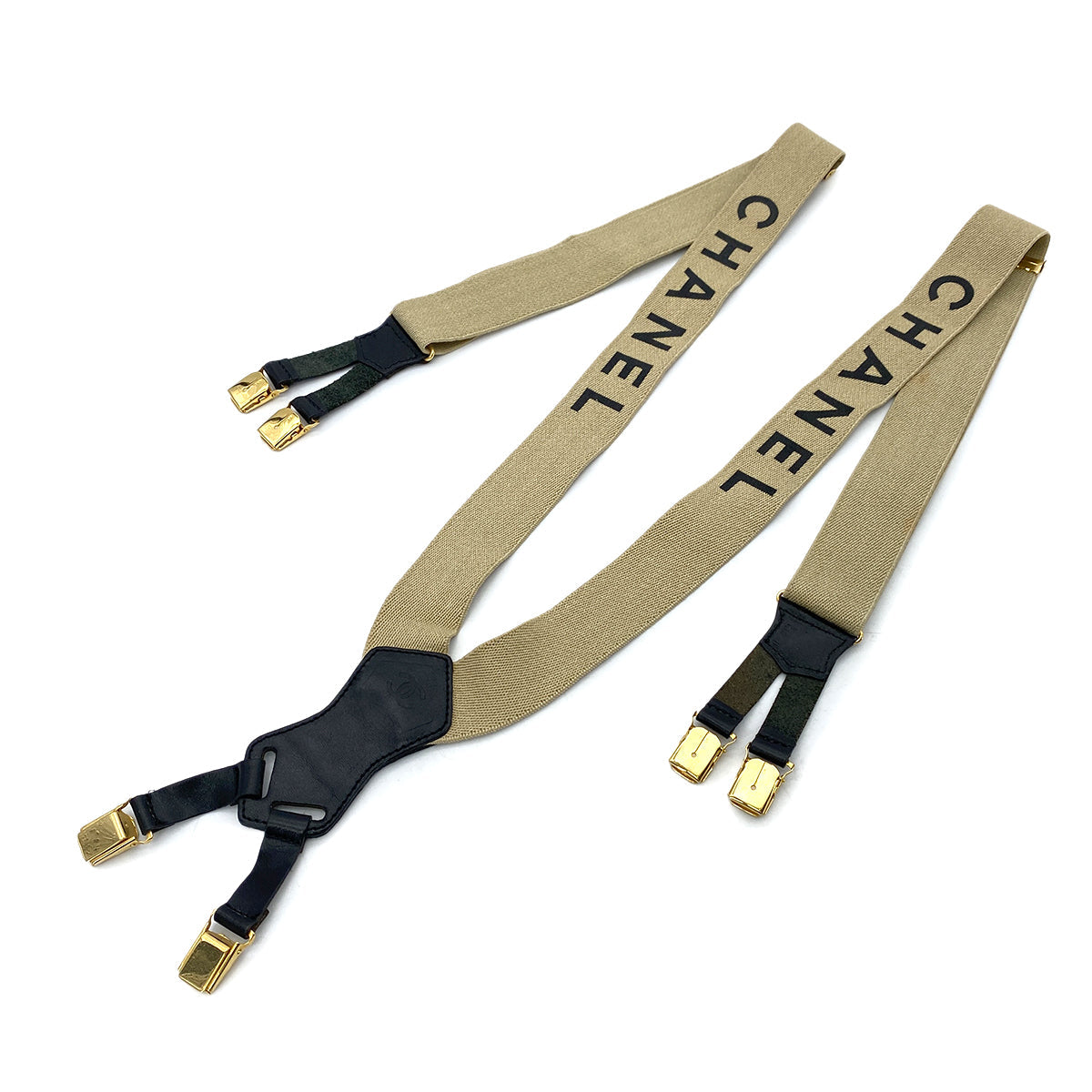 Luxury Promise Japan CHANEL VINTAGE SUSPENDER LOGO BEIGE BLACK CANVAS LEATHER 90256935