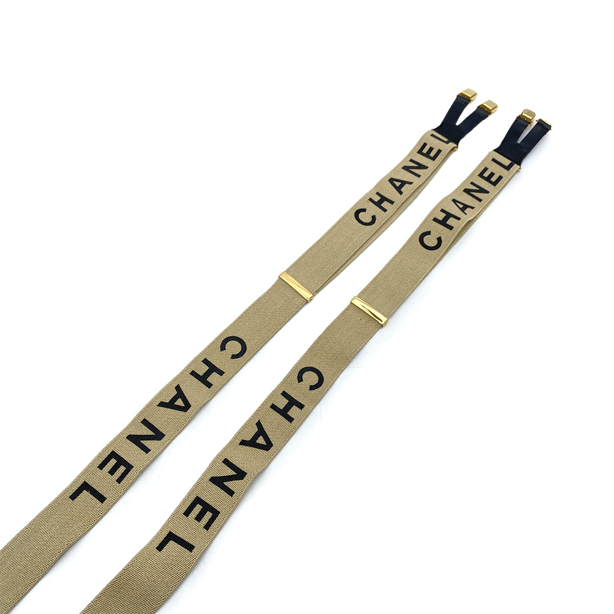 Luxury Promise Japan CHANEL VINTAGE SUSPENDER LOGO BEIGE BLACK CANVAS LEATHER 90256935