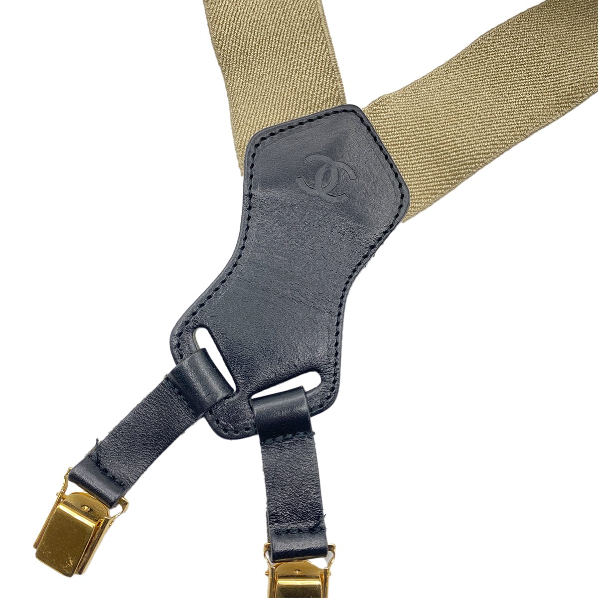 Luxury Promise Japan CHANEL VINTAGE SUSPENDER LOGO BEIGE BLACK CANVAS LEATHER 90269694