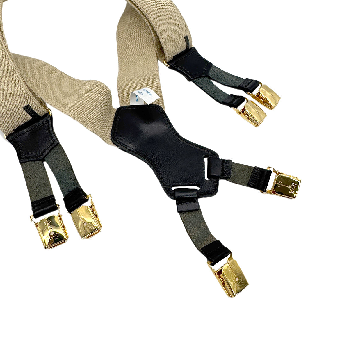 Luxury Promise Japan CHANEL VINTAGE SUSPENDER LOGO BEIGE BLACK CANVAS LEATHER 90270873