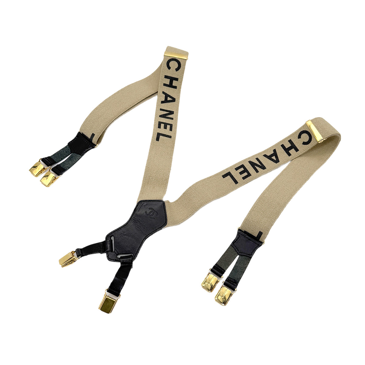 Luxury Promise Japan CHANEL VINTAGE SUSPENDER LOGO BEIGE BLACK CANVAS LEATHER 90270873