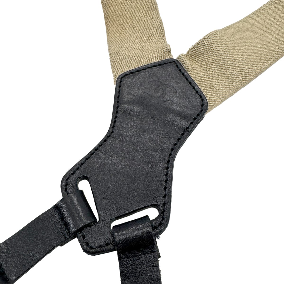 Luxury Promise Japan CHANEL VINTAGE SUSPENDER LOGO BEIGE BLACK CANVAS LEATHER 90296572
