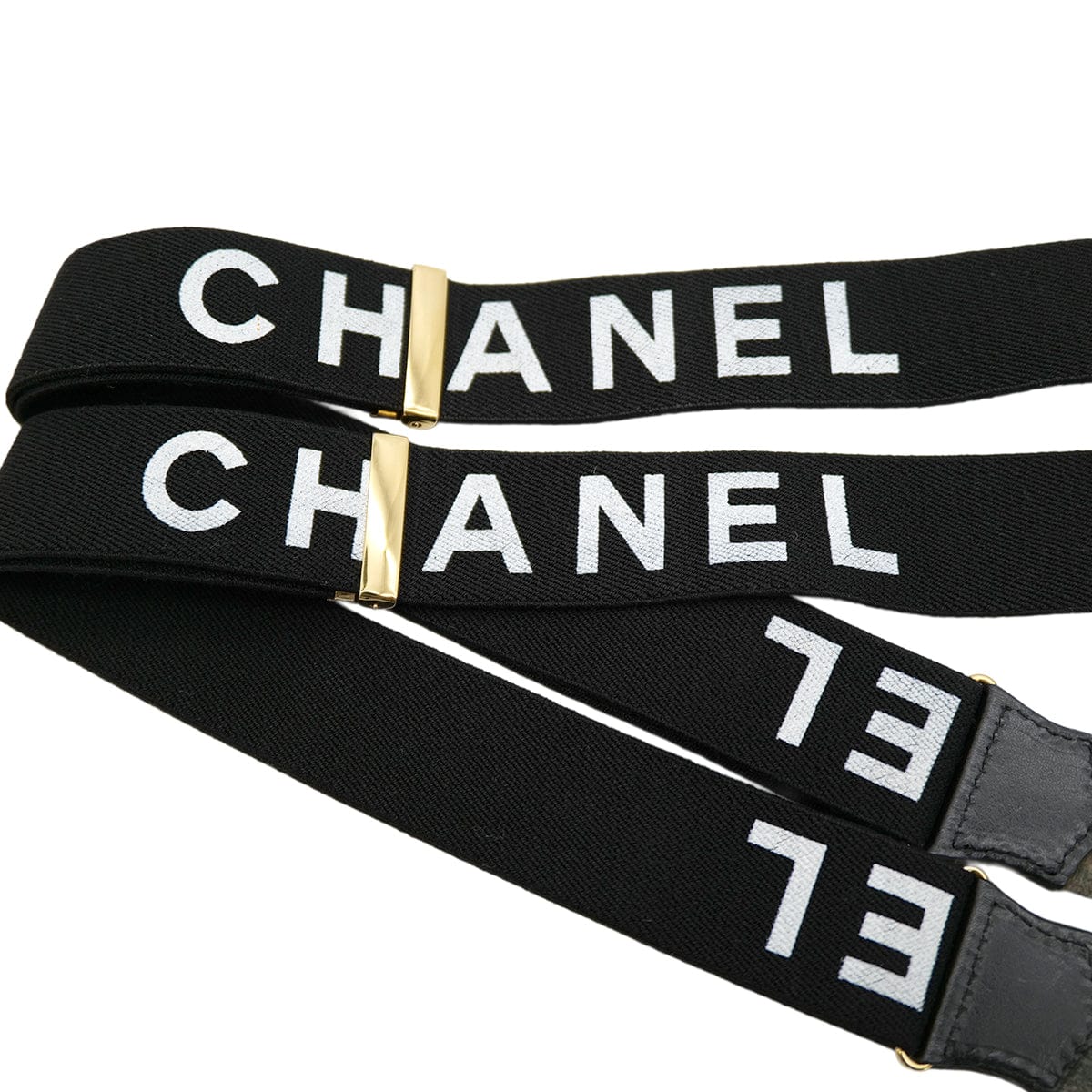 Luxury Promise Japan CHANEL VINTAGE SUSPENDER LOGO BLACK WHITE CANVAS LEATHER 90304105