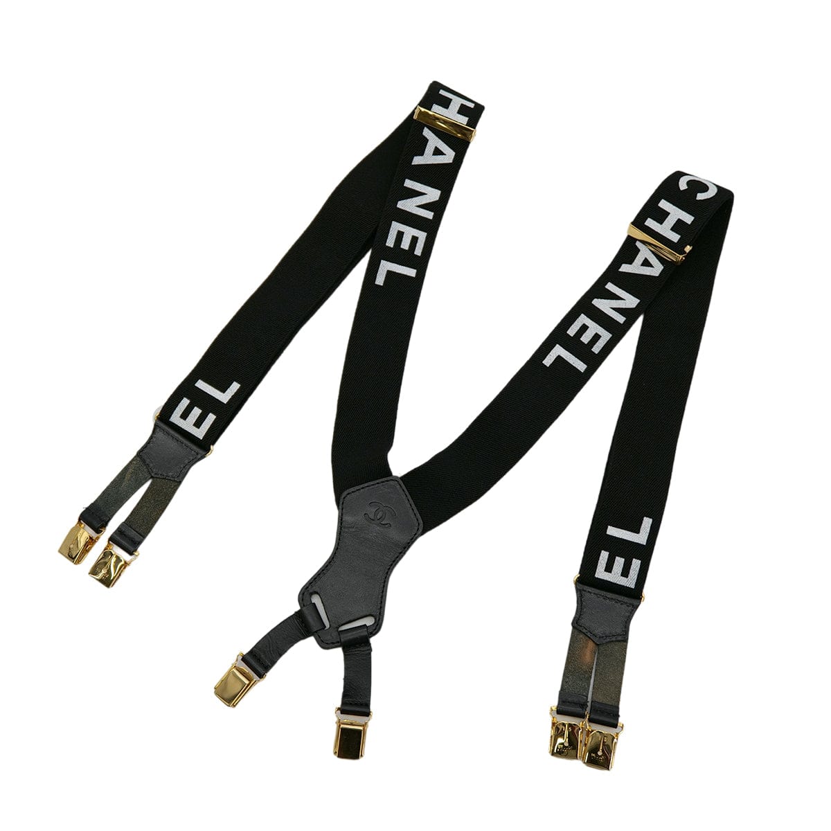 Luxury Promise Japan CHANEL VINTAGE SUSPENDER LOGO BLACK WHITE CANVAS LEATHER 90304105