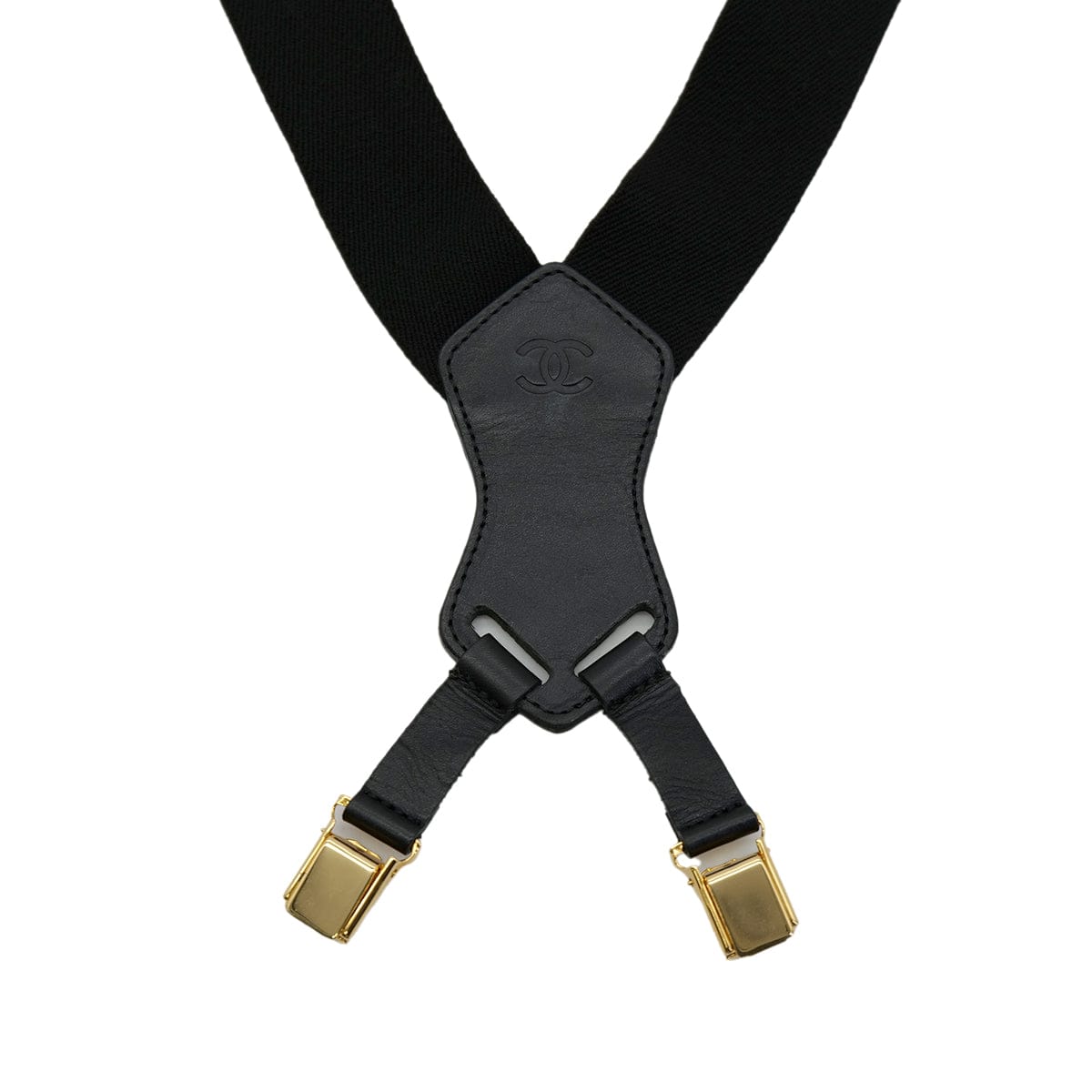 Luxury Promise Japan CHANEL VINTAGE SUSPENDER LOGO BLACK WHITE CANVAS LEATHER 90304105