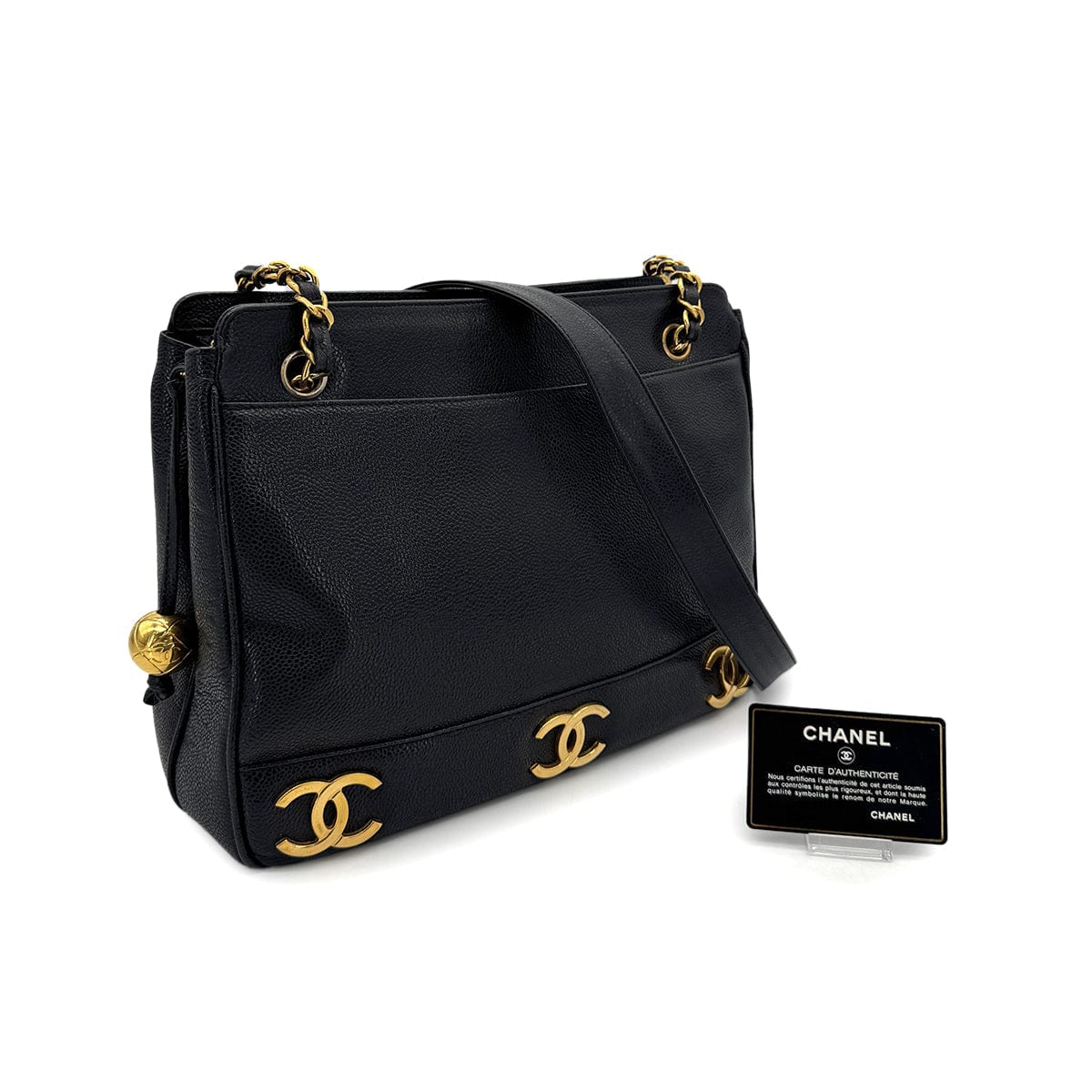Luxury Promise Japan CHANEL VINTAGE TRIPLE COCO CHAIN TOTE BAG BLACK CAVIAR SKIN 90304692
