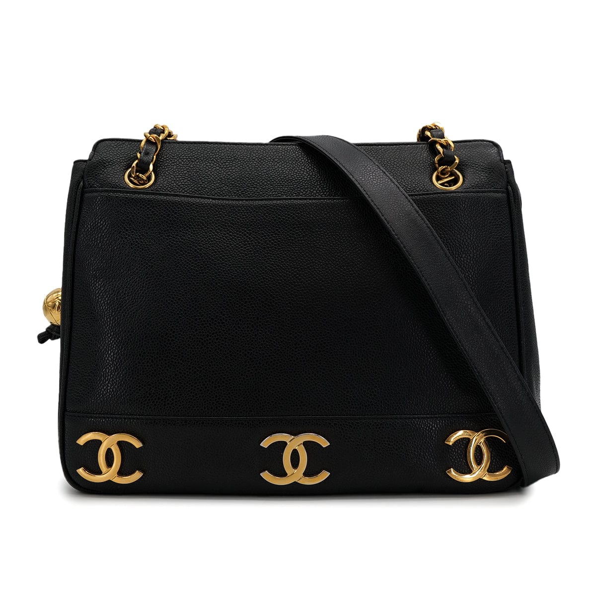 Luxury Promise Japan CHANEL VINTAGE TRIPLE COCO CHAIN TOTE BAG BLACK CAVIAR SKIN 90310274