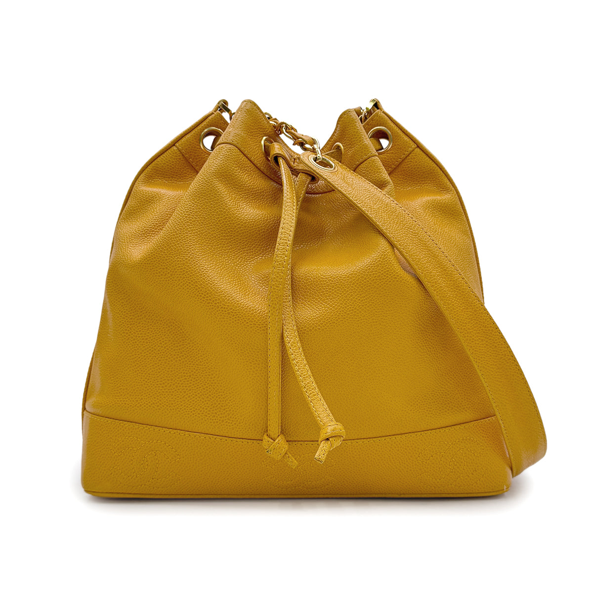 Luxury Promise Japan CHANEL VINTAGE TRIPLE COCOMARK DRAWSTRING CHAIN SHOULDER BAG YELLOW CAVIAR SKIN 90302912
