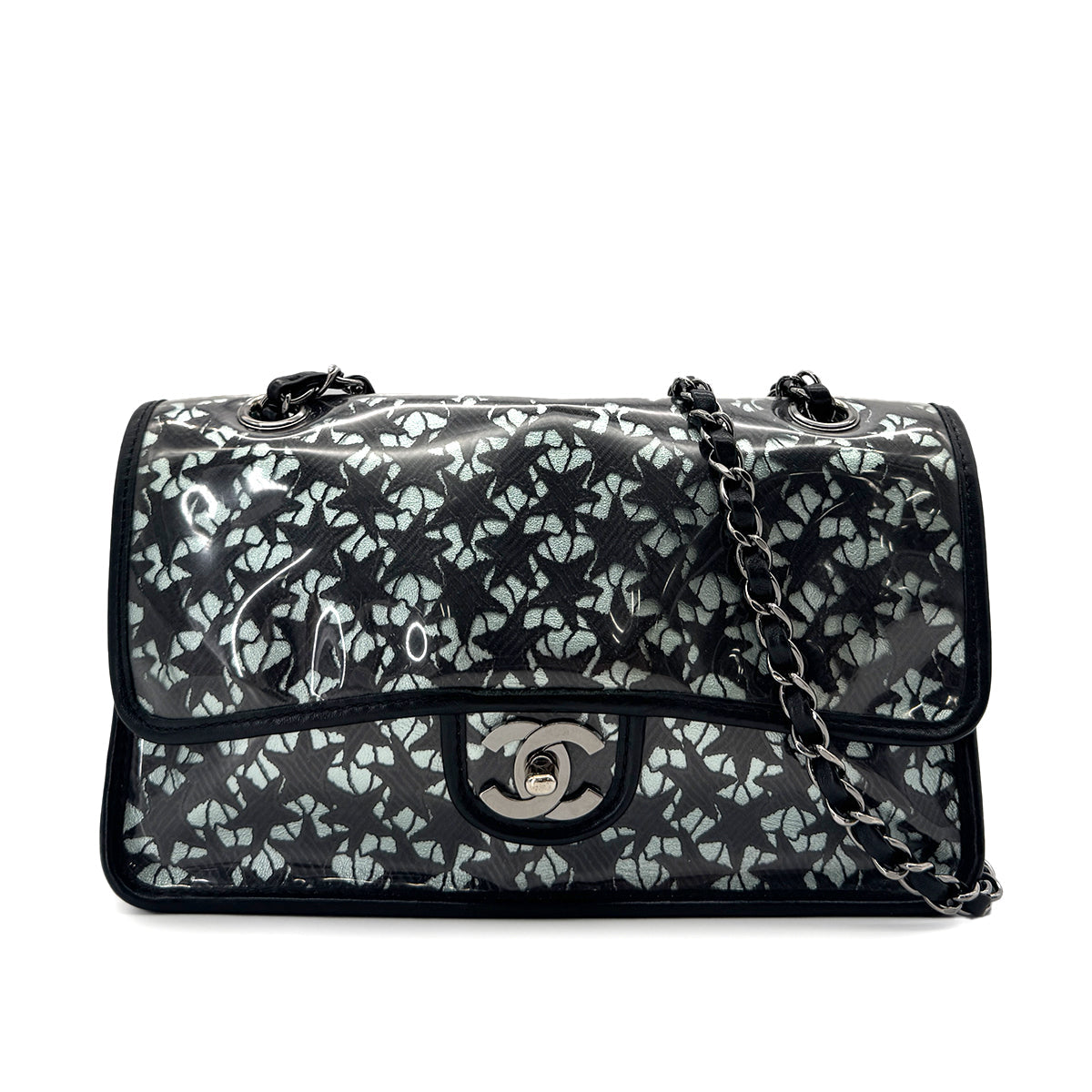 Luxury Promise Japan CHANEL VINTAGE TURN LOCK STAR LEACE CHAIN TOTE BAG CLEAR BLACK VINYL 90291463