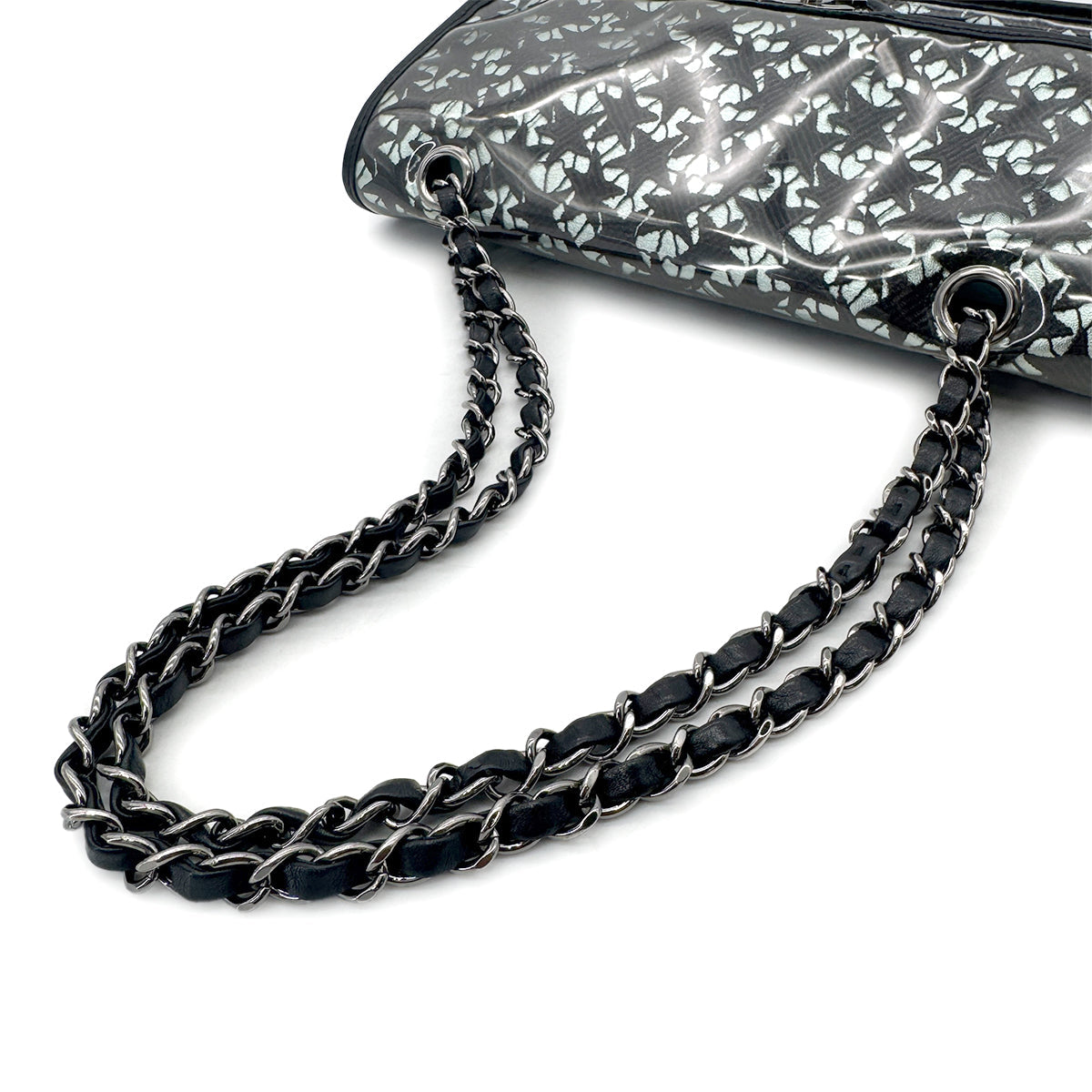 Luxury Promise Japan CHANEL VINTAGE TURN LOCK STAR LEACE CHAIN TOTE BAG CLEAR BLACK VINYL 90291463
