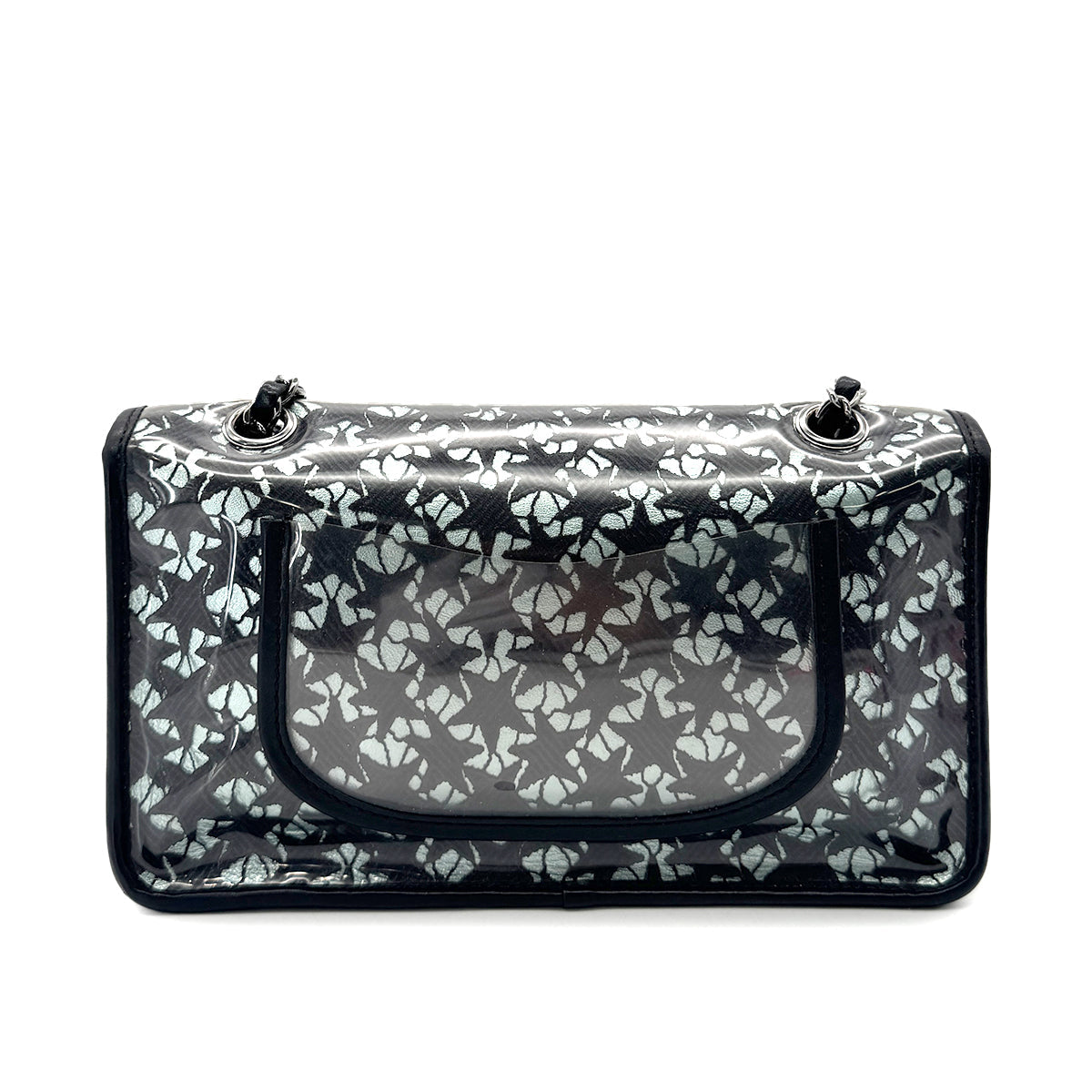Luxury Promise Japan CHANEL VINTAGE TURN LOCK STAR LEACE CHAIN TOTE BAG CLEAR BLACK VINYL 90291463