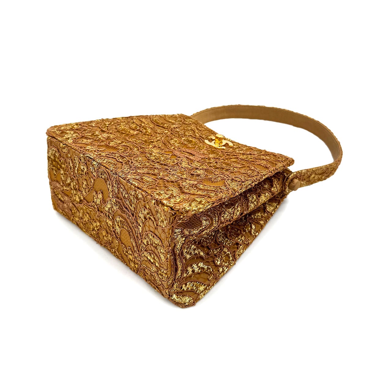 Luxury Promise Japan CHANEL VINTAGE W TURN LOCK HAND BAG BROWN GOLD SATIN 90292993