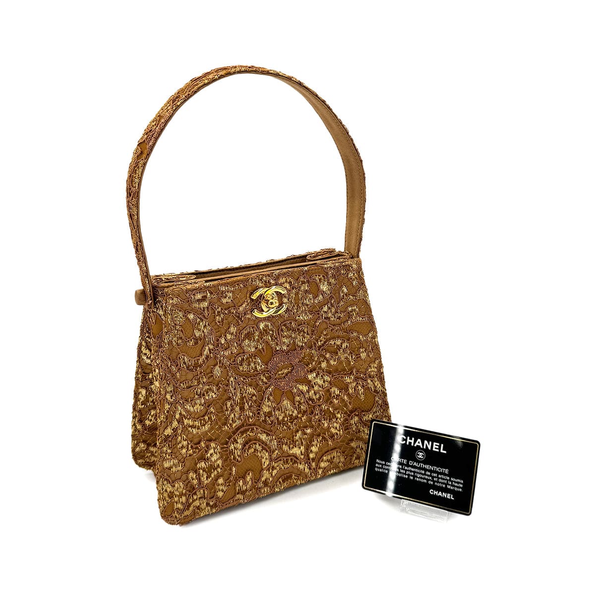 Luxury Promise Japan CHANEL VINTAGE W TURN LOCK HAND BAG BROWN GOLD SATIN 90292993