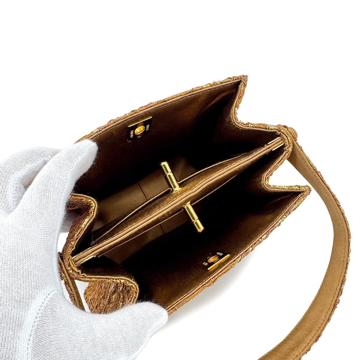 Luxury Promise Japan CHANEL VINTAGE W TURN LOCK HAND BAG BROWN GOLD SATIN 90292993