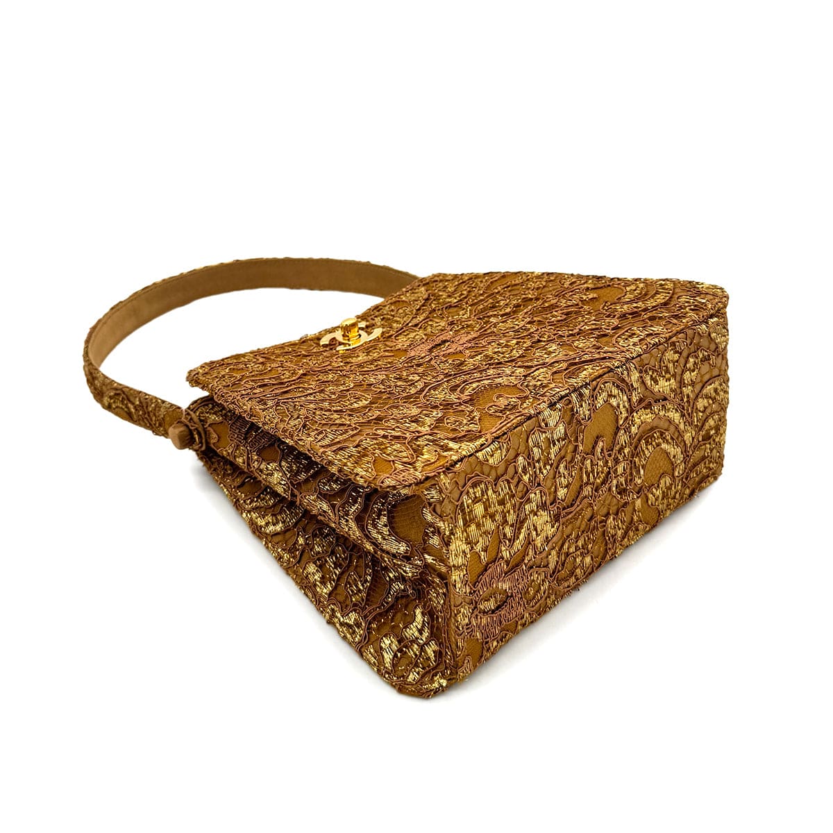 Luxury Promise Japan CHANEL VINTAGE W TURN LOCK HAND BAG BROWN GOLD SATIN 90292993