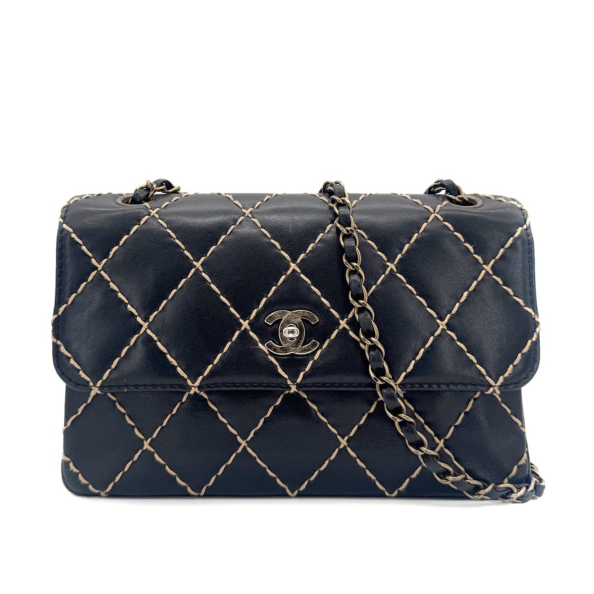 Luxury Promise Japan CHANEL VINTAGE WILD STITCH CHAIN SHOULDER BAG BLACK LEATHER 90273066